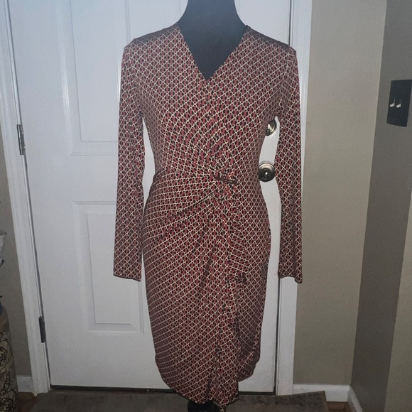 Michael Kors Red Gold Black Chain Print Long Sleeve Dress - Picture 4 of 15